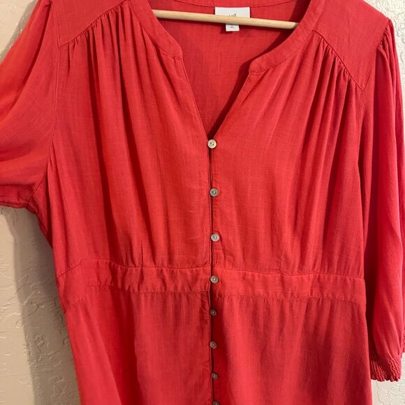 J. Jill Linen Smocked Sleeve Coral Button Up Midi Dress - Picture 4 of 9